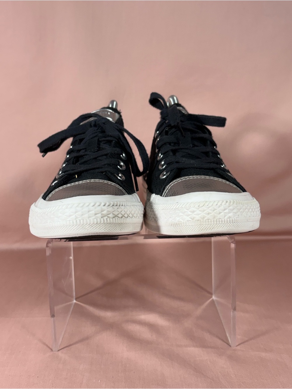 Converse All Star Blk Canvas With Silver Toe Cap/Heel Strip Sneakers W's SZ 8 - Picture 7 of 12
